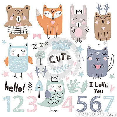 Set with cute animals, numbers and dsign Elements. Kids party. Hand drawn style. Vector Vector Illustration