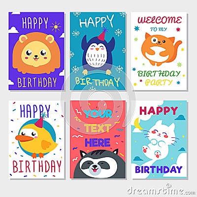 Set of cute animals poster. Cute Happy birthday greeting card for child fun cartoon style There are birthday gifts funny animals Vector Illustration