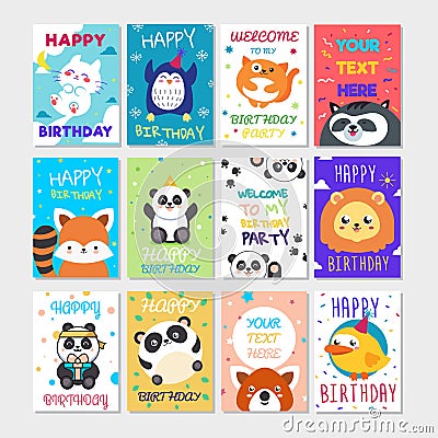 Set of cute animals poster. Cute Happy birthday greeting card for child fun cartoon style Vector Illustration