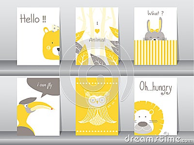 Set of cute animals poster, template, cards, bear, bird, lion, rabbit, zoo, Vector illustrations Vector Illustration