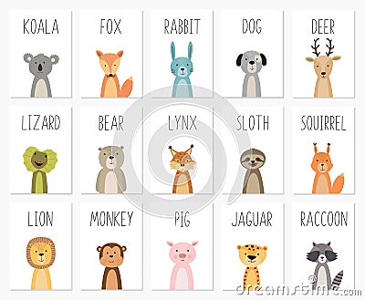 Set of cute animals poster,template,cards,bear ,rabbit, koala, fox, deer, pig, lizard, lynx, squirrel, raccoon, lion Vector Illustration