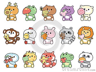 Set of cute animals sit and hold object cartoon.Wild and farm Vector Illustration