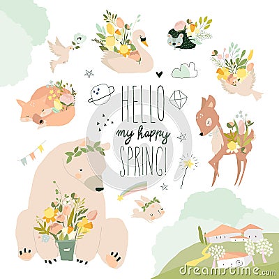 Set of Cute Animals with Spring Flowers Vector Illustration