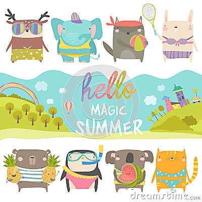 Set of cute animals with summer theme on white background Vector Illustration