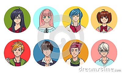 Set of cute anime characters avatar. Cartoon girls and boys portraits. Colorful hand drawn illustration collection. Vector Illustration