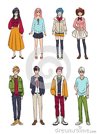 Set of cute anime characters. Cartoon girls and boys. Colorful hand drawn illustration collection. Vector Illustration