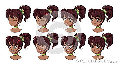 A set of cute anime girl with different expressions. Dark hair, big black eyes. Vector Illustration