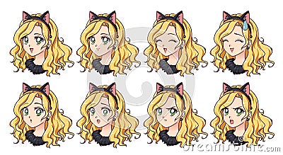 A set of cute anime girl wearing cat costume with different expressions. Vector Illustration