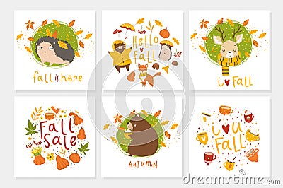 Set of 6 cute autumn postcards with animals Vector Illustration