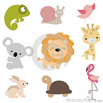 Set of cute baby animals in cartoon style on white background. c Vector Illustration