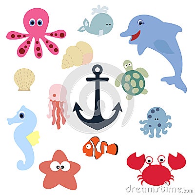 set of cute baby animals. collection of badges and labels underwater creatures in a cartoon style. template vector illustration. Vector Illustration