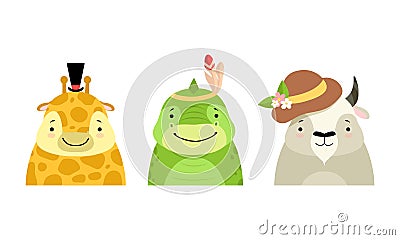 Set of Cute Baby Animals in Headdresses, Lovely Giraffe, Dinosaur, Bull in Stylish Headgears Cartoon Vector Illustration Vector Illustration