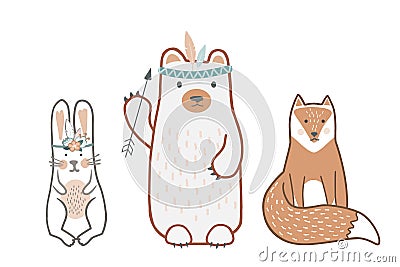 Set of cute baby animals in Scandinavian style. Wild child friends - bear, bunny, and fox. Cute hand drawn nursery Vector Illustration