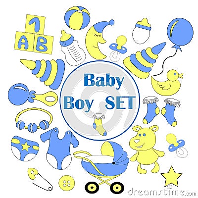 set of cute baby badges for newborns. The birth of boy. The first details of the children's wardrobe for boys, items and Vector Illustration