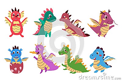 Set of Cute baby dragons. Happy fairy animals. Vector Illustration