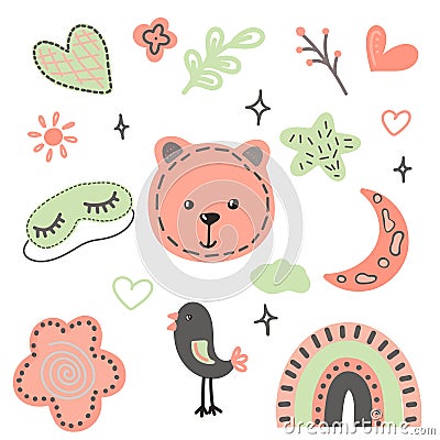 Set for cute baby and kids graphics, illustrations in Scandinavian style. Rainbow, baby bear, dreaming Vector Illustration