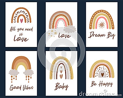 Set of cute baby shower cards with boho rainbows calligraphy quotes. Kids rainbow Vector Illustration