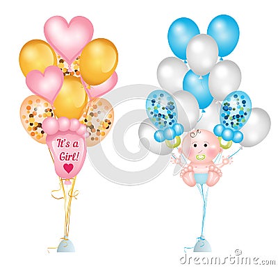 Set of cute balloons for baby shower. Baby footprints, baby boy, baby pacifier, heart balloons and balloons with confetti. Vector Vector Illustration