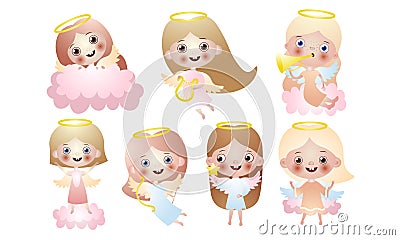 Set of cute beautiful angel girls. Vector illustration in flat cartoon style. Vector Illustration