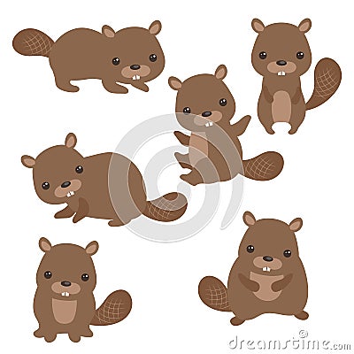 Set of cute beavers Vector Illustration