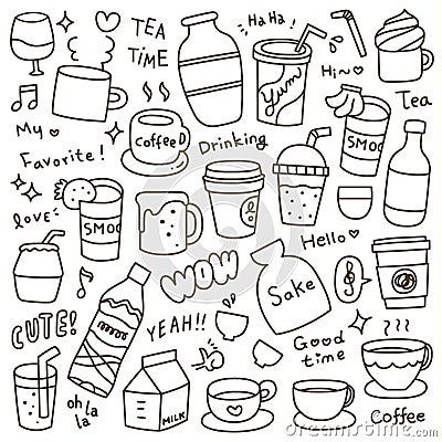 Set of Cute Beverages Doodle Vector Illustration