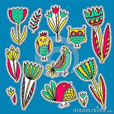 Set of cute birds and tulips in doodle style Vector Illustration