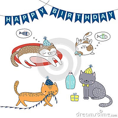 Set of cute birthday cats Vector Illustration