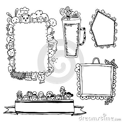 Set of cute black line picture frames isolated on white Vector Illustration