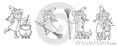 Set of cute black and white vector witches. Halloween characters icons collection. Funny autumn all saints eve coloring page with Vector Illustration