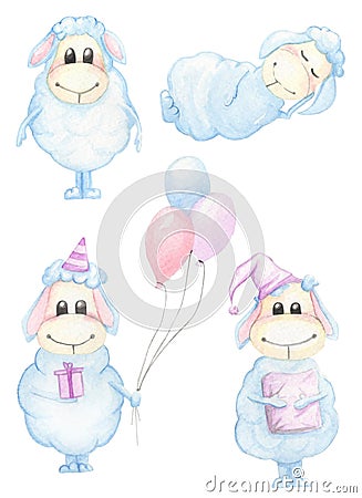 Set of cute blue cartoon character lamb hand drawn Cartoon Illustration