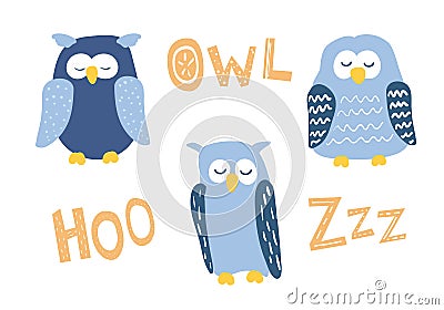 Set with Cute blue sleeping owls in cartoon style. Blue colors. With lettering. Good for children designs. Isolated Vector Illustration