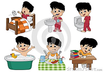 Set of daily cute boy,boy wake up,brushing teeth,kid pee,taking Vector Illustration