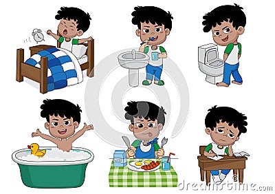 Set of daily cute boy,boy wake up,brushing teeth,kid pee,taking Vector Illustration