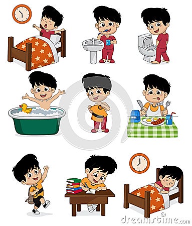 Set of daily cute boy.Boy wake up,brushing teeth,kid pee,taking Vector Illustration