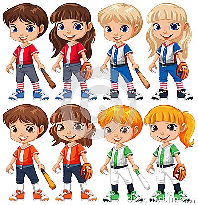 Set of cute boy and girl baseball player cartoon character with diffrent hair colour Vector Illustration