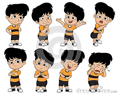 Set of cute boy pose showing different emotions. Basic seven of e Vector Illustration