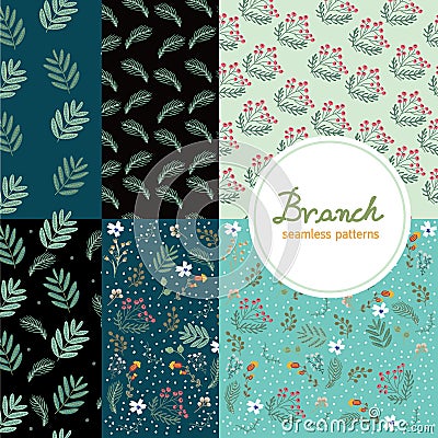 Set of 6 cute branch illustration seamless patterns for Christmas Cartoon Illustration