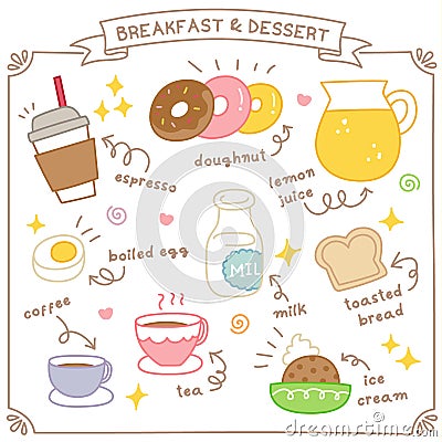 Set of Cute Breakfast and Dessert Doodle Vector Illustration