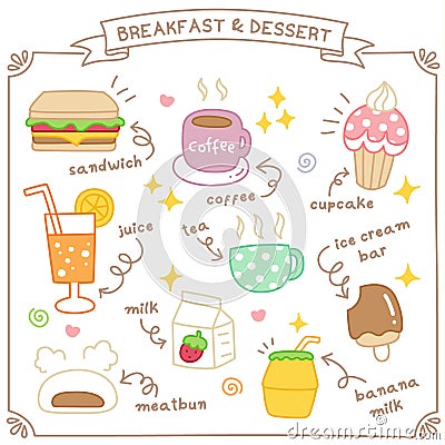 Set of Cute Breakfast and Dessert Doodle Vector Illustration