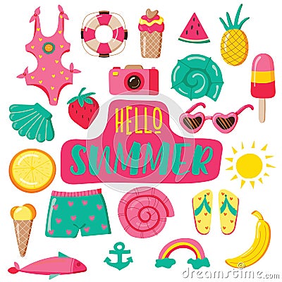 Set of cute bright summer icons: food, drinks, fruits, glasses, camera, swimsuit, sun. Bright summer poster. Collection Vector Illustration