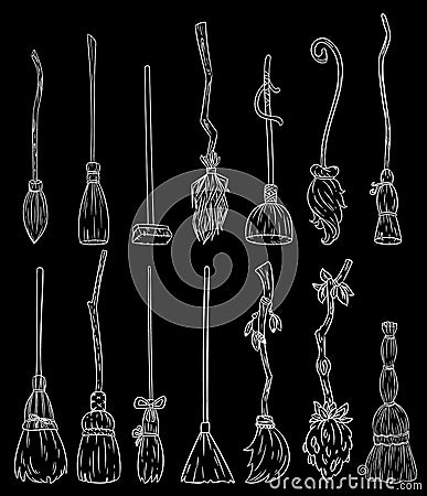 Set of cute broomstick doodles on a chalkboard. Collection of Happy Halloween related icons - magic brooms. Cartoon images Vector Illustration