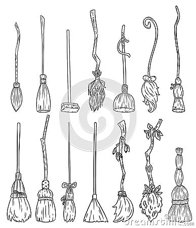 Set of cute broomstick doodles. Collection of Happy Halloween related icons - magic brooms. Cartoon images elements: witch or Vector Illustration