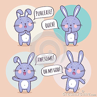 Set of cute bunny rabbit character with different emotions Vector Illustration