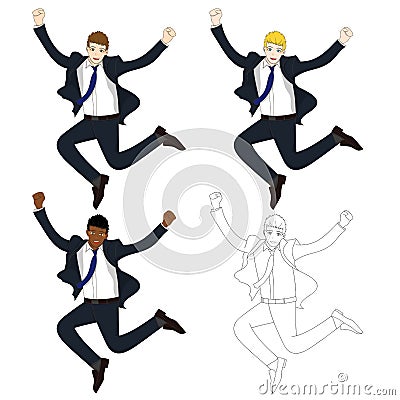 Set Cute Business Woman Jumping Celebration. Full Body Vector Illustration. Vector Illustration