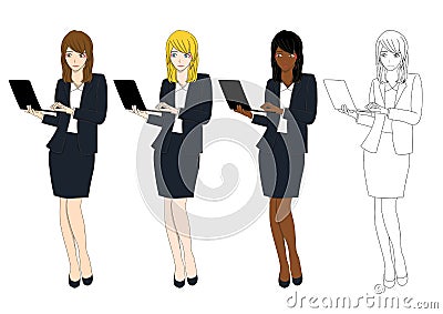 Set Cute Business Woman with Laptop. Full Body Vector Illustration