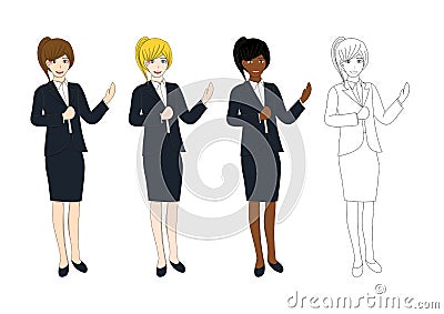Set Cute Business Woman Presentation with Hand Pointing. Full Body Vector Illustration Vector Illustration