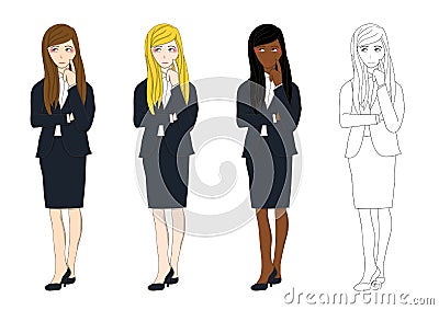 Set Cute Business Woman Thinking to Make Decision. Full Body Vector Illustration. Vector Illustration