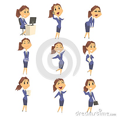 Set of cute businesswoman characters in different poses and emotions. Colorful cartoon vector Illustrations Vector Illustration