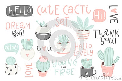 Set with cute cacti and lettering. Cute summer theme cactus. Vector Illustration