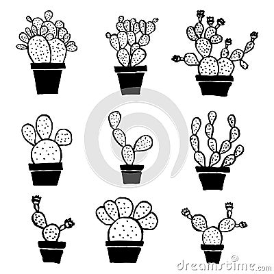 Set of cute cactus houseplants in pots. Hand-drawn opuntia cactus. Vector illustration. Vector Illustration